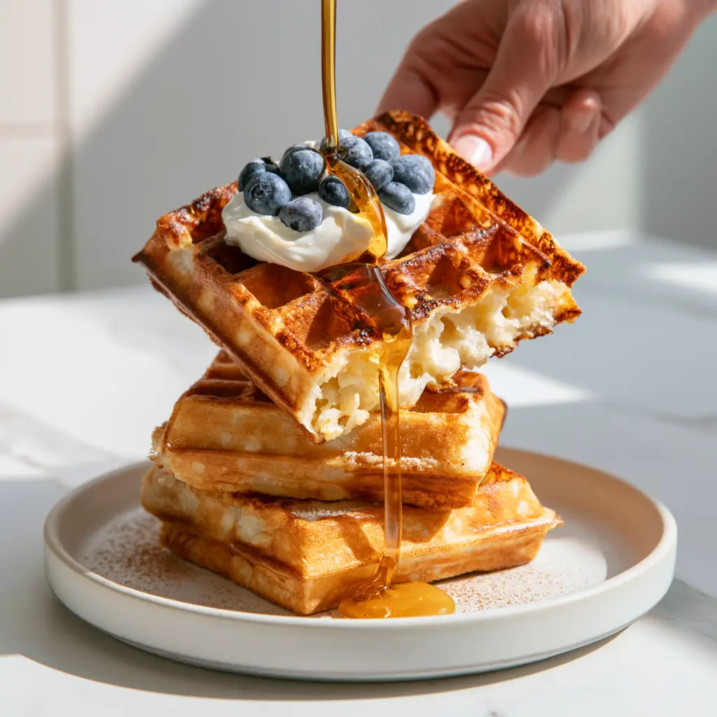 Greek Yogurt Waffles: The Ultimate Crispy and Airy Belgian Recipe 1 Close up of amber maple syrup pouring over the ridges of golden-brown waffles dusted with cinnamon.