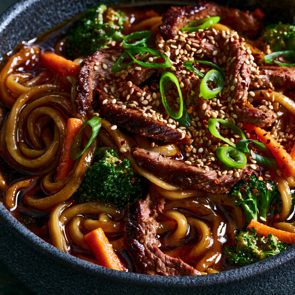 Asian Dinner Recipes: The Ultimate Glossy Beef Lo Mein with Seared Flank Steak 2 Macro close-up of glossy lo mein noodles with caramelized flank steak and neon scallions. (Asian dinner recipes)