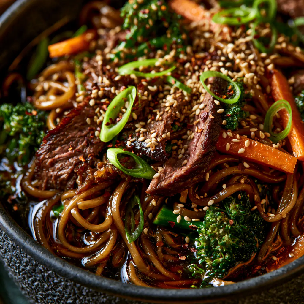 Asian Dinner Recipes: The Ultimate Glossy Beef Lo Mein with Seared Flank Steak 1 Close-up of seared flank steak with deep brown edges in a stir-fry bowl.
