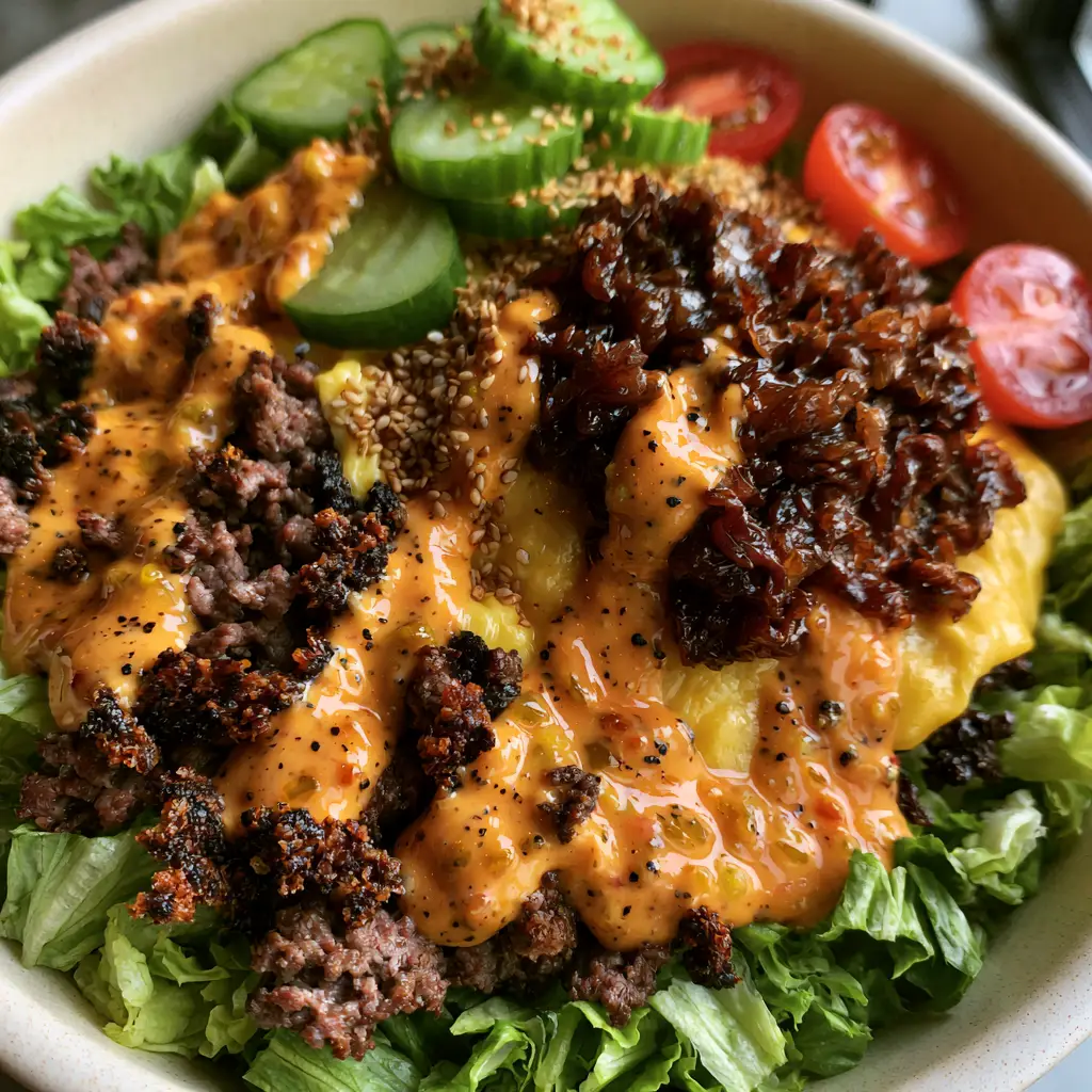 Burger Bowl Recipe: The Ultimate Gourmet Animal Style Feast 1 Gourmet burger bowl drizzled with thick orange secret sauce and garnished with sesame seeds and pickles. (burger bowl)
