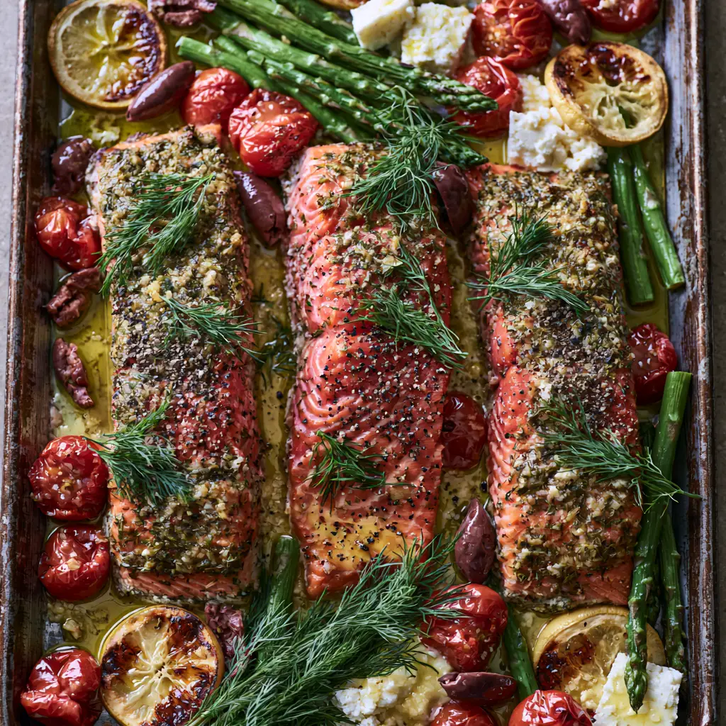 Mediterranean Baked Salmon Recipe: The Ultimate Sheet Pan Masterpiece 2 Close-up of succulent Atlantic salmon fillets with an herb-crusted top and glistening olive oil. (Mediterranean Baked Salmon Recipe)