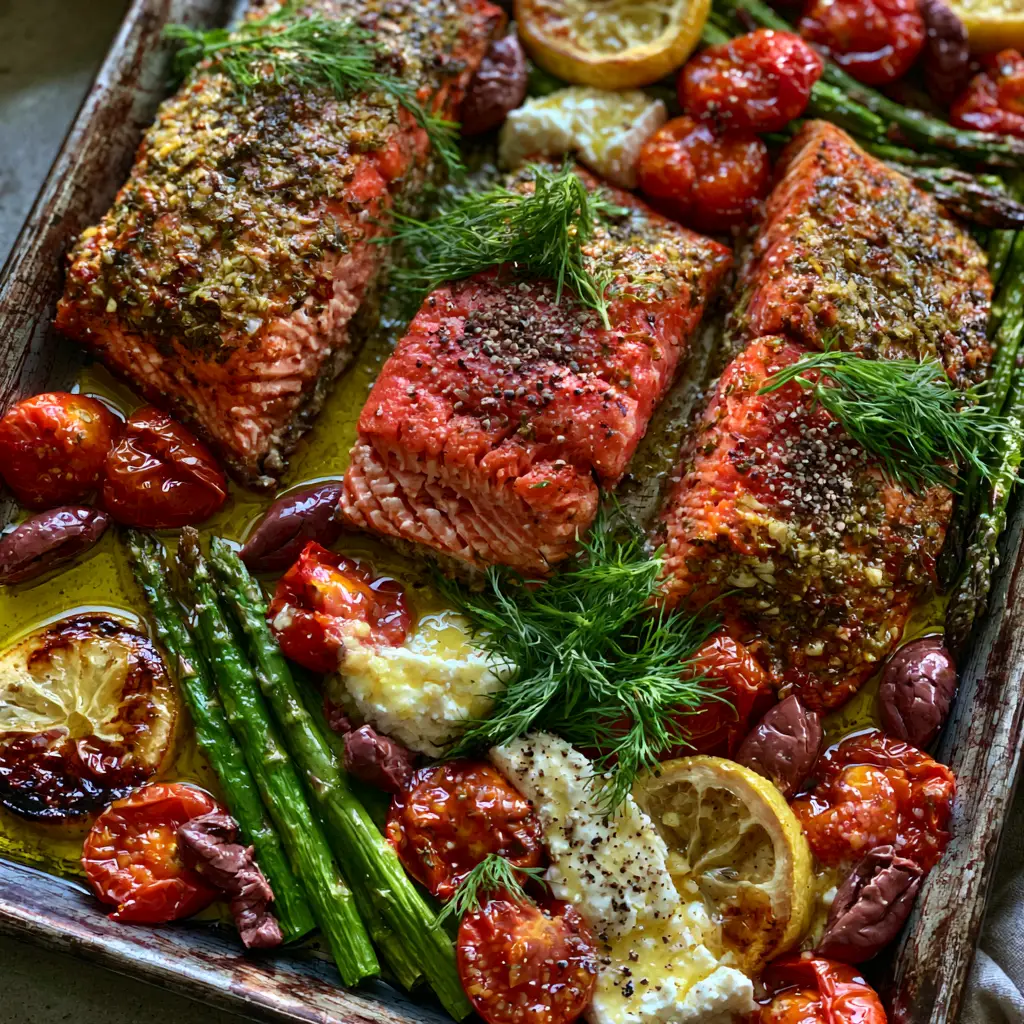 Mediterranean Baked Salmon Recipe: The Ultimate Sheet Pan Masterpiece 1 Dark metallic sheet pan with roasted asparagus, charred lemons, and melted feta cheese. (Mediterranean Baked Salmon Recipe)