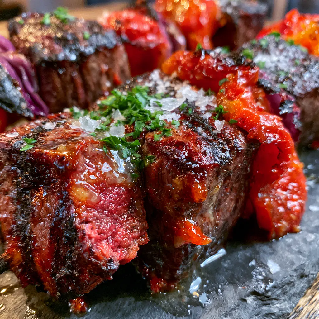 Steak Kabobs with Melted Garlic Butter and Blistered Peppers 1 A close-up of a cut piece of steak on a kabob showing a moist pink medium-rare center. (steak kabobs)