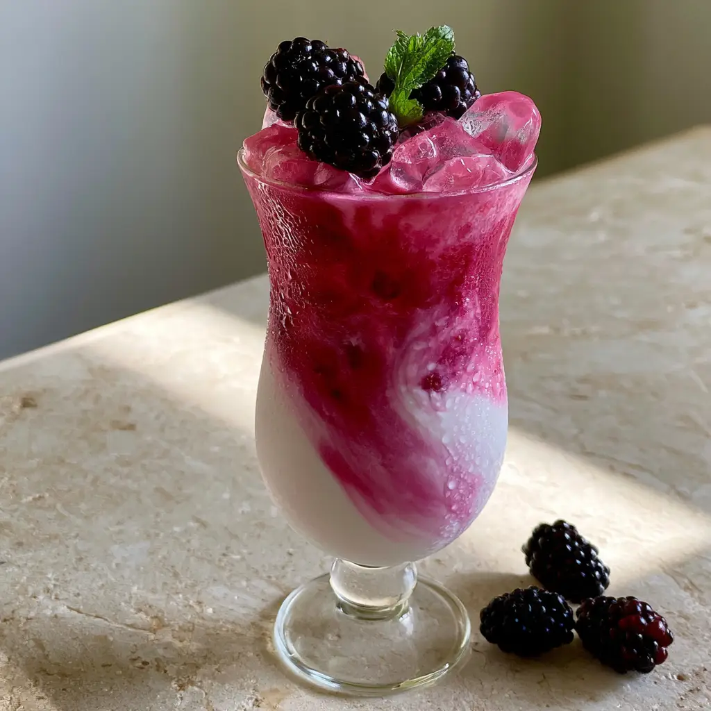 Blackberry Coconut Pink Drink: The Ultimate Creamy Ombre Refresher 1 Close up of the magenta swirl and condensation droplets on a blackberry coconut pink drink glass.