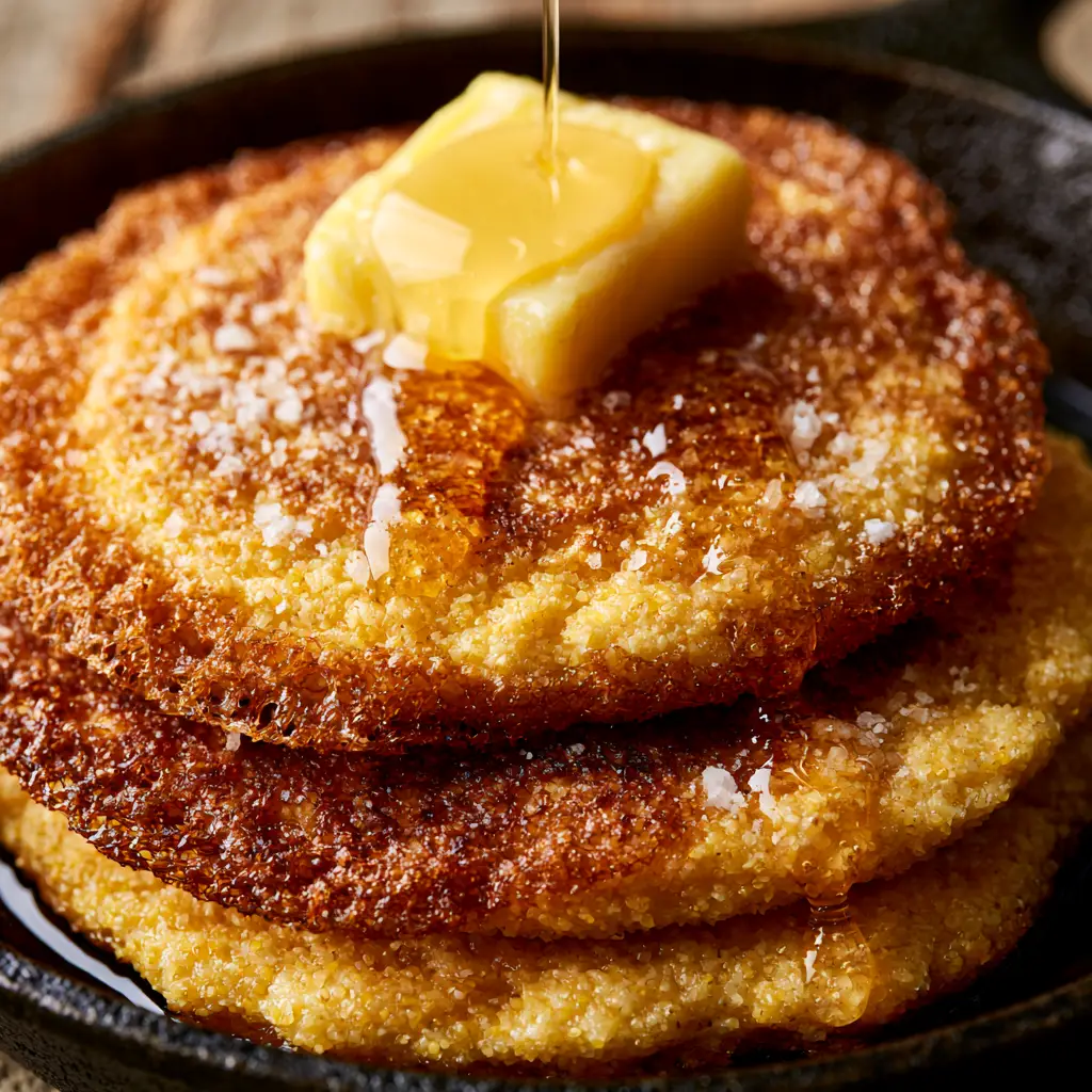 Hoecakes Recipe: The Ultimate Southern Lacey Cornmeal Cakes 2 Extreme close-up of amber honey cascading down a textured hoecake with coarse sea salt crystals. (hoecakes recipe)