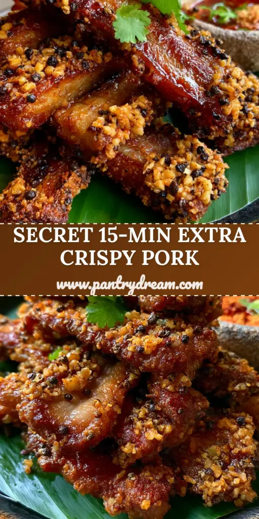 Thai Fried Pork (Moo Tod) With Crispy Garlic 3 A towering pile of crispy Thai Fried Pork strips encrusted with golden garlic bits on a banana leaf and dark ceramic plate.
