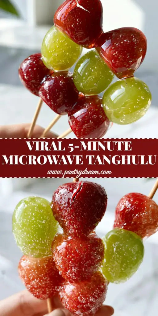 Tanghulu Recipe: How to Make Crystal Clear Candied Fruit Skewers 4 A handheld photo of three Tanghulu skewers with strawberries and green grapes held against a bright kitchen background.