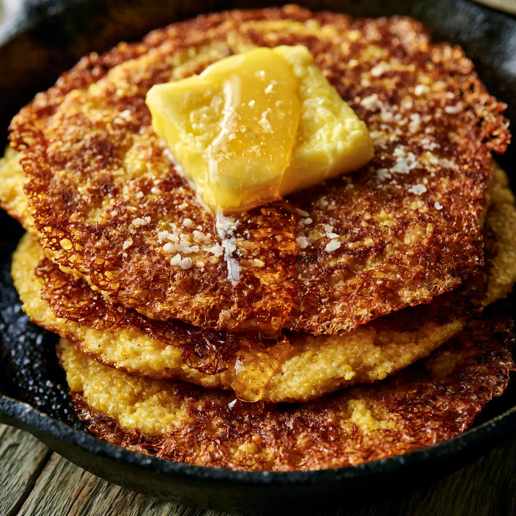Hoecakes Recipe: The Ultimate Southern Lacey Cornmeal Cakes 1 Detailed view of the ultra-thin translucent lacey edges of a pan-fried cornmeal hoecake in a cast iron pan.