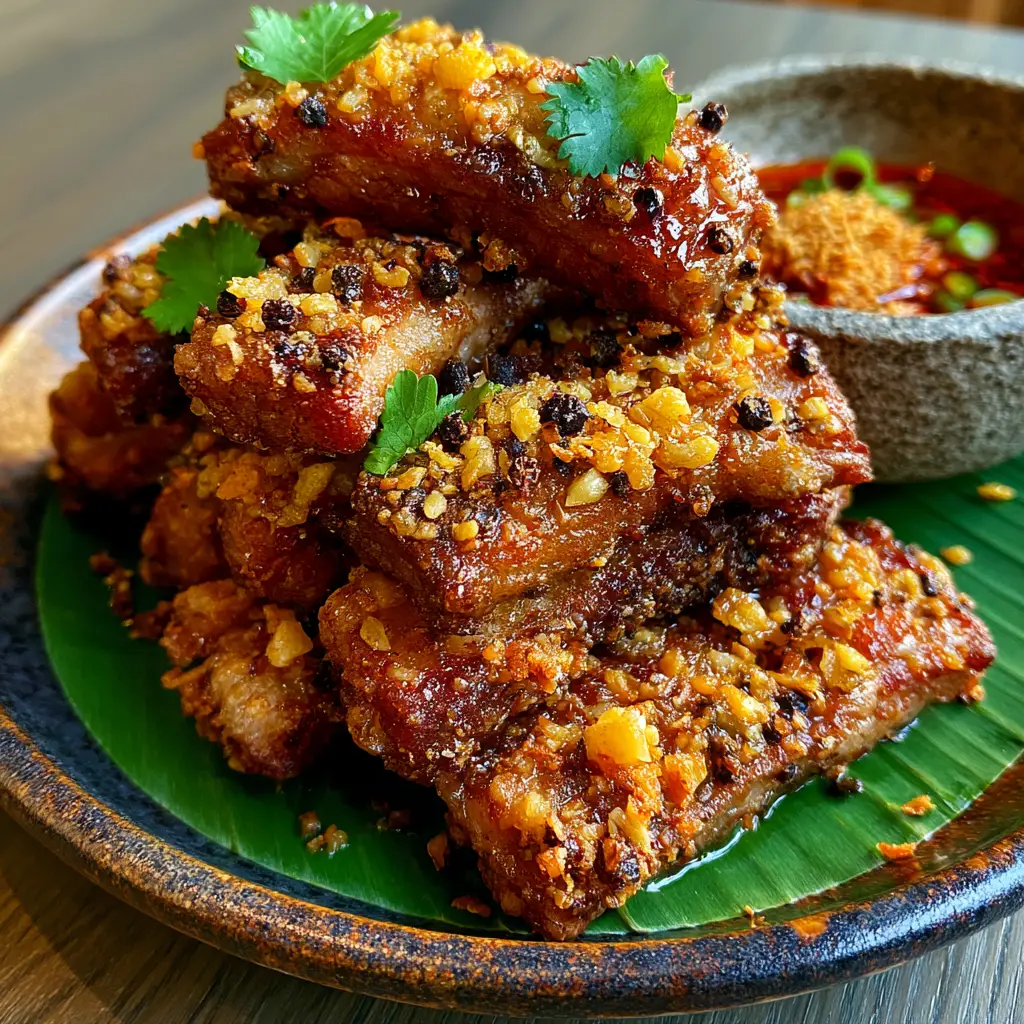 Thai Fried Pork (Moo Tod) With Crispy Garlic 2 Close up handheld photo of Thai Fried Pork showing the glistening moist center and glass-like crispy exterior.