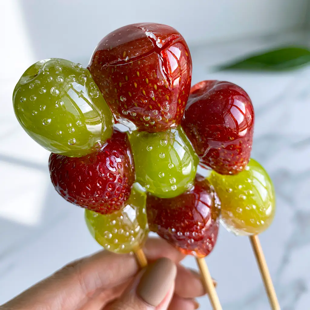 Tanghulu Recipe: How to Make Crystal Clear Candied Fruit Skewers 2 Close up of crystal-clear Tanghulu glaze with tiny bubbles on ripe strawberries and neon-green grapes.