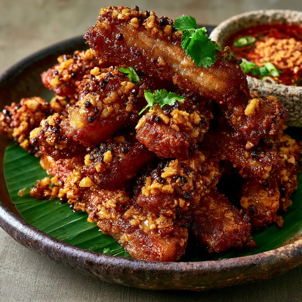 Thai Fried Pork (Moo Tod) With Crispy Garlic 1 Thai Fried Pork served with a textured stone bowl of red-tinted Nam Jim Jaew sauce on a rustic wooden table.