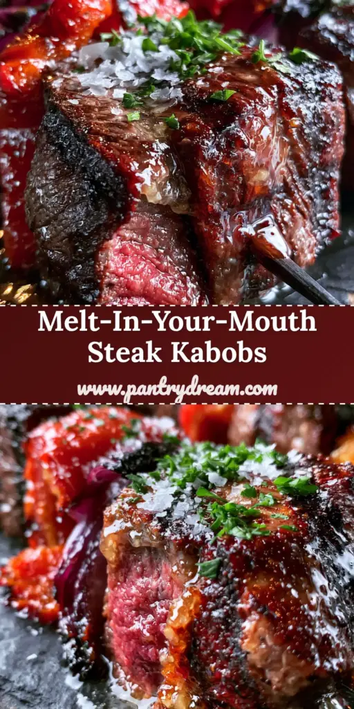 Steak Kabobs with Melted Garlic Butter and Blistered Peppers 4 A platter of gourmet steak kabobs with charred onions and blistered red peppers on a dark slate background. (steak kabobs)