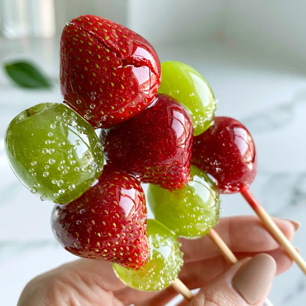 Tanghulu Recipe: How to Make Crystal Clear Candied Fruit Skewers 1 Tanghulu skewers held in a hand with a clean manicure, showing a sharp crack in the sugar coating of the top strawberry.