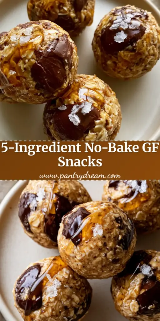 Gluten-Free Snack Recipes: No-Bake Almond Butter and Dark Chocolate Oat Bites 4 A stack of five round no-bake energy bites on a white plate with honey drizzle and sea salt. (gluten-free snack recipes)