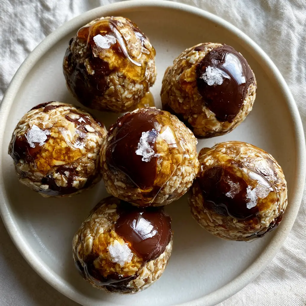 Gluten-Free Snack Recipes: No-Bake Almond Butter and Dark Chocolate Oat Bites 1 Top down view of five almond butter bites on a ceramic plate with amber honey drizzle.