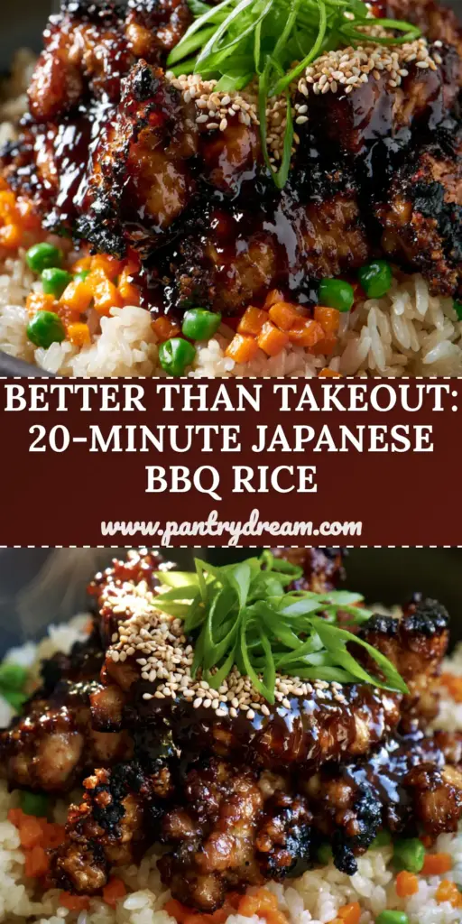 Japanese BBQ Chicken Fried Rice: The Ultimate Yakiniku Glazed Recipe 4 A top-down view of Japanese BBQ Chicken Fried Rice in a charcoal bowl with mahogany glazed chicken and green peas.