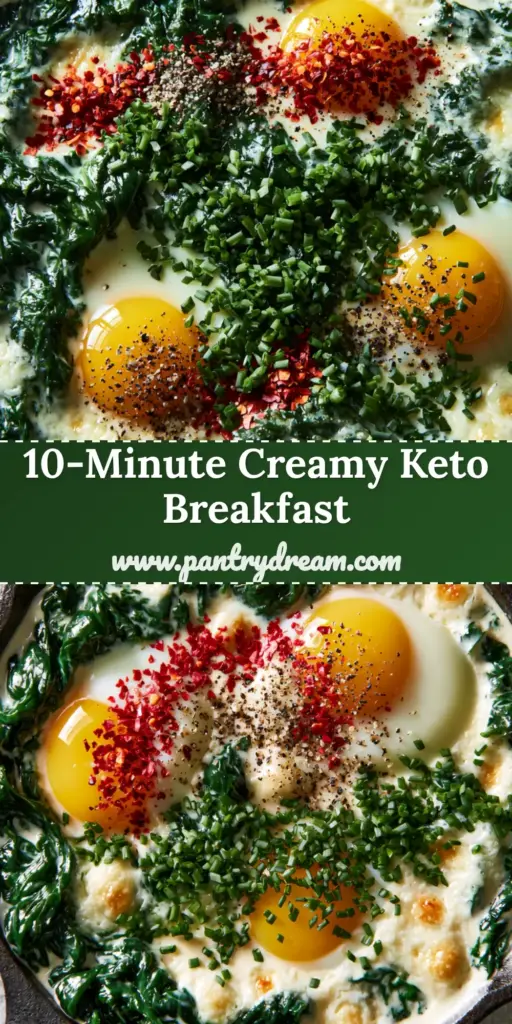 Creamy Spinach and Eggs: A 10-Minute One-Pan Skillet Breakfast 4 A top-down shot of Creamy Spinach and Eggs in a cast iron skillet with runny yolks and parmesan cream sauce.
