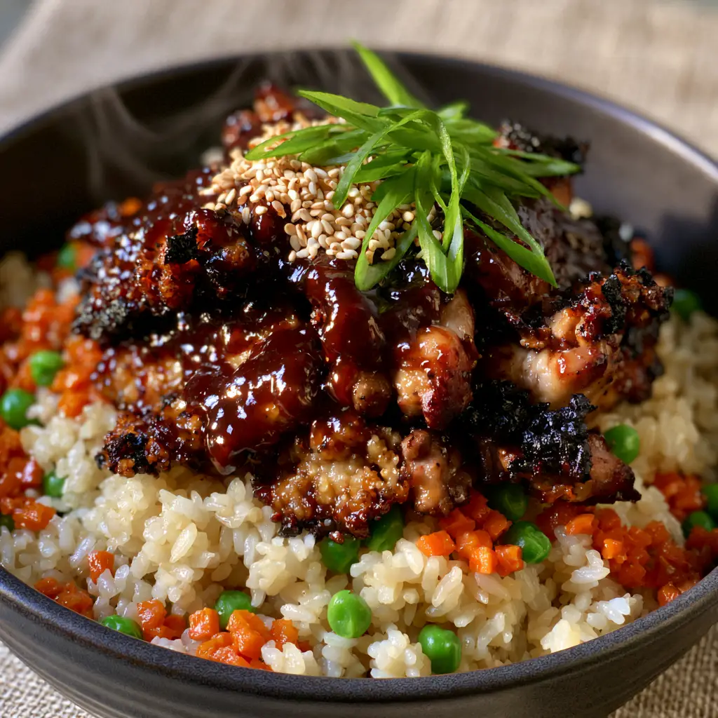 Japanese BBQ Chicken Fried Rice: The Ultimate Yakiniku Glazed Recipe 2 Macro shot of seared chicken thigh chunks with a thick mahogany Yakiniku glaze and toasted sesame seeds. (Japanese BBQ Chicken Fried Rice)