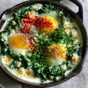 Close-up of sunny-side-up eggs nestled in wilted spinach and ivory cream sauce. (Creamy Spinach and Eggs)