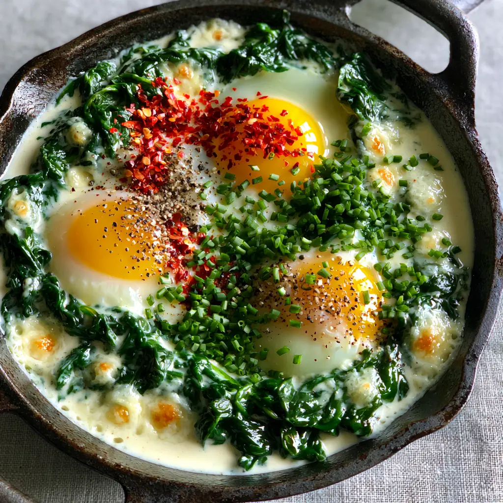 Creamy Spinach and Eggs: A 10-Minute One-Pan Skillet Breakfast 2 Close-up of sunny-side-up eggs nestled in wilted spinach and ivory cream sauce. (Creamy Spinach and Eggs)