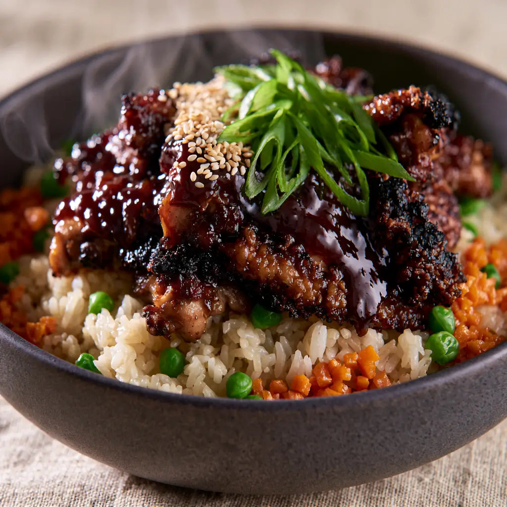 Japanese BBQ Chicken Fried Rice: The Ultimate Yakiniku Glazed Recipe 1 Close up of fluffy jasmine rice grains mixed with finely diced carrots and bright green sweet peas in a charcoal bowl. (Japanese BBQ Chicken Fried Rice)