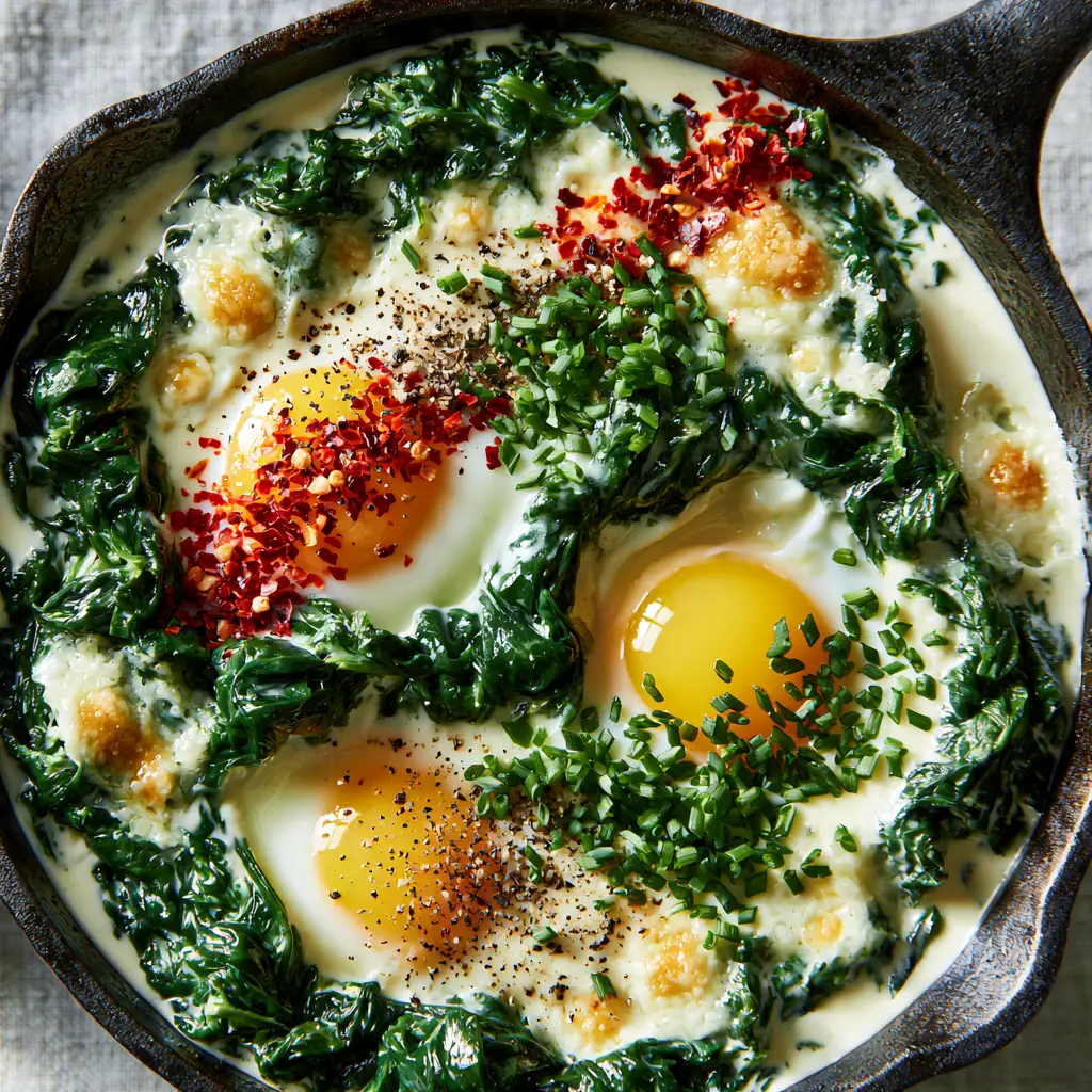 Creamy Spinach and Eggs: A 10-Minute One-Pan Skillet Breakfast 1 A seasoned black cast iron skillet featuring 10-Minute Creamy Spinach and Eggs garnished with chives and chili flakes.