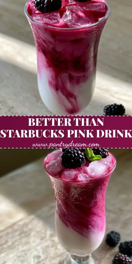 Blackberry Coconut Pink Drink: The Ultimate Creamy Ombre Refresher 4 A tall fluted glass featuring a vibrant blackberry coconut pink drink with a creamy white base and magenta ombre swirl, topped with fresh blackberries and mint.