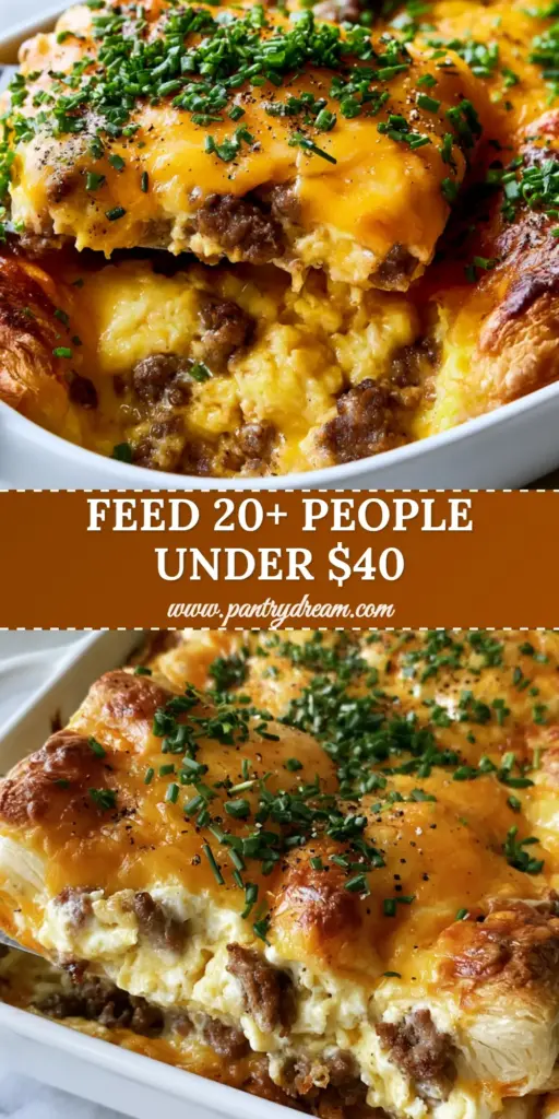 Team Breakfast Recipes: The Ultimate Cheesy Crescent Roll and Savory Sausage Casserole 3 A gourmet crescent roll breakfast casserole with bubbling cheddar, sausage, and chives in a white ceramic dish. (team breakfast recipes)