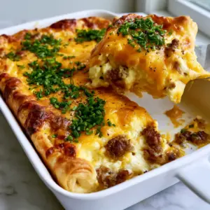 Macro close-up of melted sharp cheddar cheese with toasted edges and fresh chives on a breakfast casserole. (team breakfast recipes)
