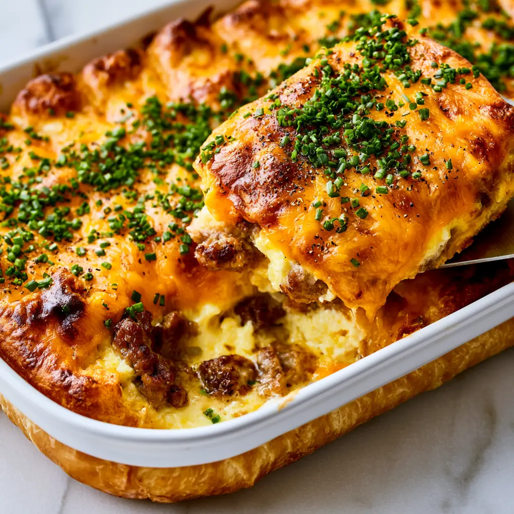 Team Breakfast Recipes: The Ultimate Cheesy Crescent Roll and Savory Sausage Casserole 1 A spatula lifting a slice of crescent roll breakfast casserole showing a cheese pull and fluffy egg layers. (team breakfast recipes)