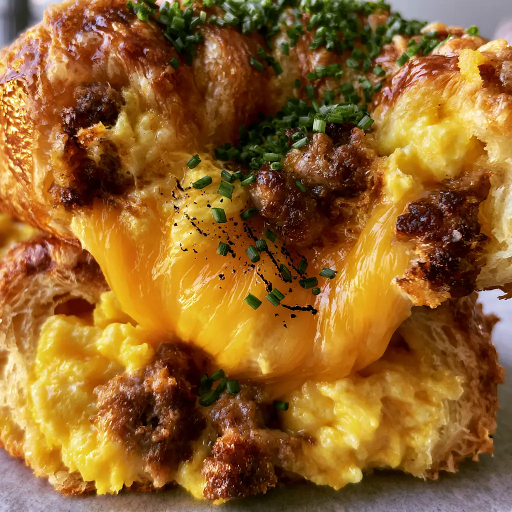 Breakfast roll-ups with Sausage, Egg, and Melty Cheddar 1 Handheld smartphone photo of a breakfast roll-up revealing soft-scrambled yellow eggs and browned sausage crumbles.