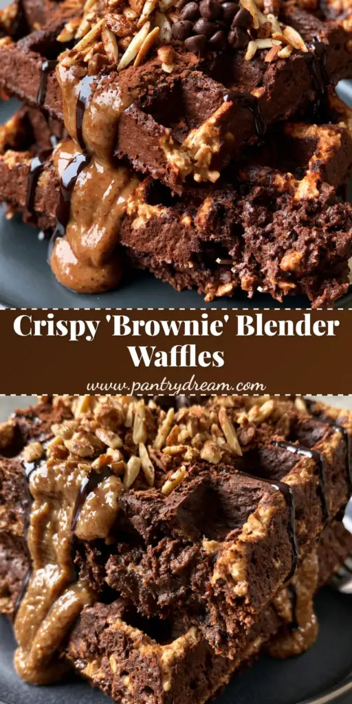 Chocolate Almond Oat Waffles: The Ultimate Crispy and Fudgy Breakfast 3 A tall stack of chocolate almond oat waffles on a charcoal plate topped with almond butter and slivered almonds.