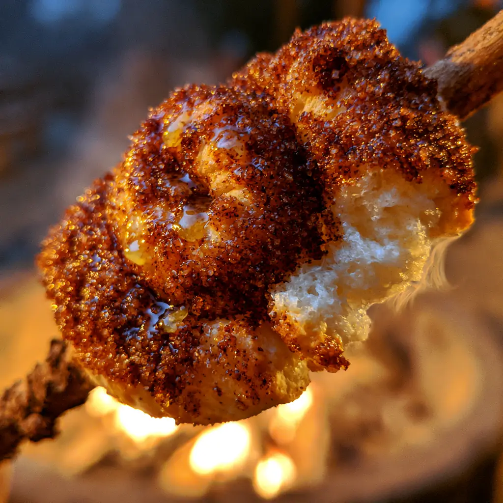 Brown Bears Campfire Snack: The Ultimate Cinnamon-Sugar Dough on a Stick 2 A close-up of a spiral-wrapped Brown Bears campfire snack showing steam rising from a pillowy interior. (Brown Bears campfire snack)