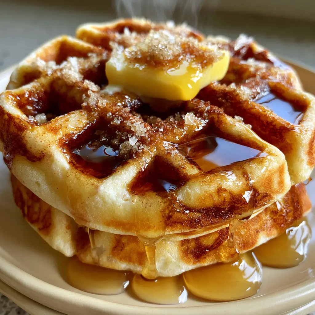 Cinnamon Brown Sugar Waffles with a Deep Caramelized Swirl 2 Close-up of cinnamon brown sugar waffles showing the dark amber cinnamon swirl and deep crisp pockets.