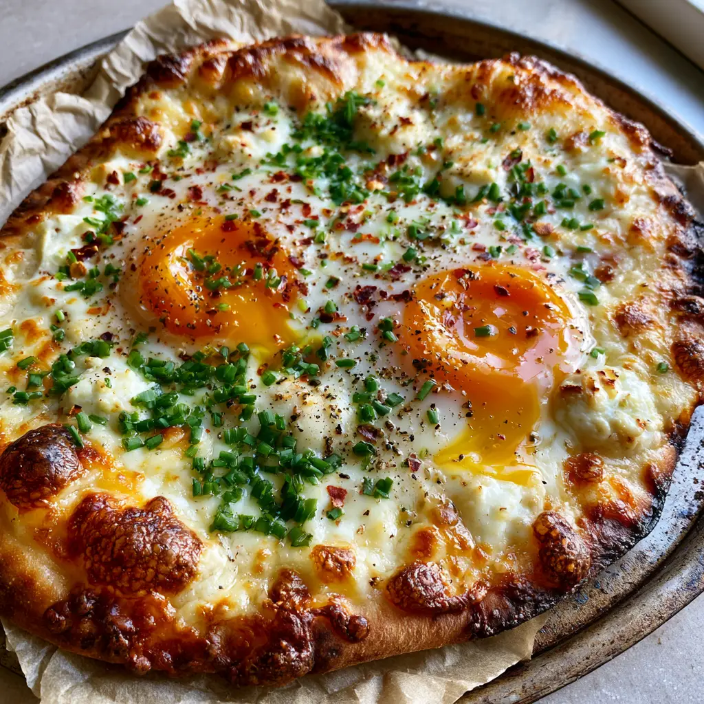 Breakfast Flatbread with Jammy Eggs and Bubbly Mozzarella 2 High-angle view of a toasted naan breakfast flatbread with melted cheese and fresh chives. (breakfast flatbread)
