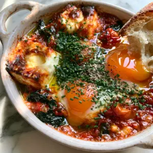 Close-up of bubbly tomato sauce and charred feta in Mediterranean Baked Feta Eggs.