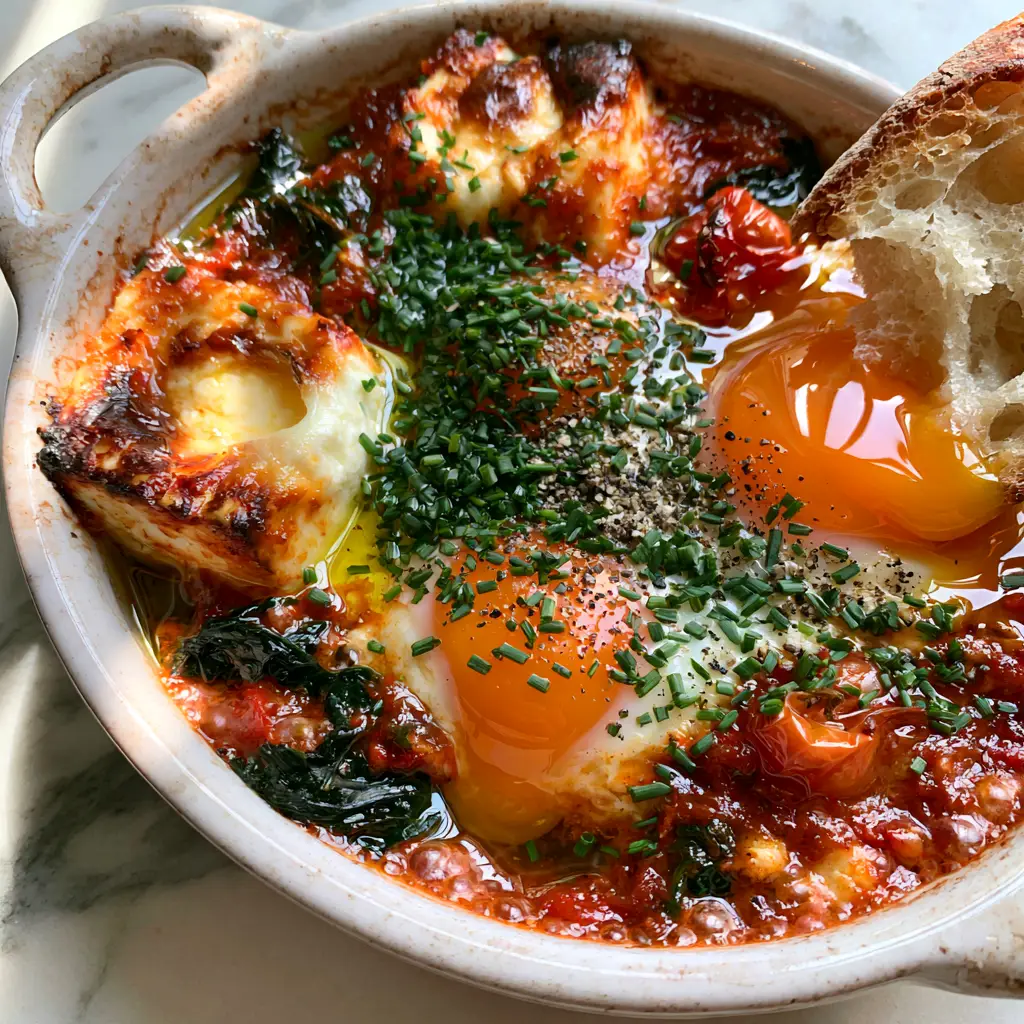 Mediterranean Baked Feta Eggs: A One-Pan Brunch Masterpiece 2 Close-up of bubbly tomato sauce and charred feta in Mediterranean Baked Feta Eggs.