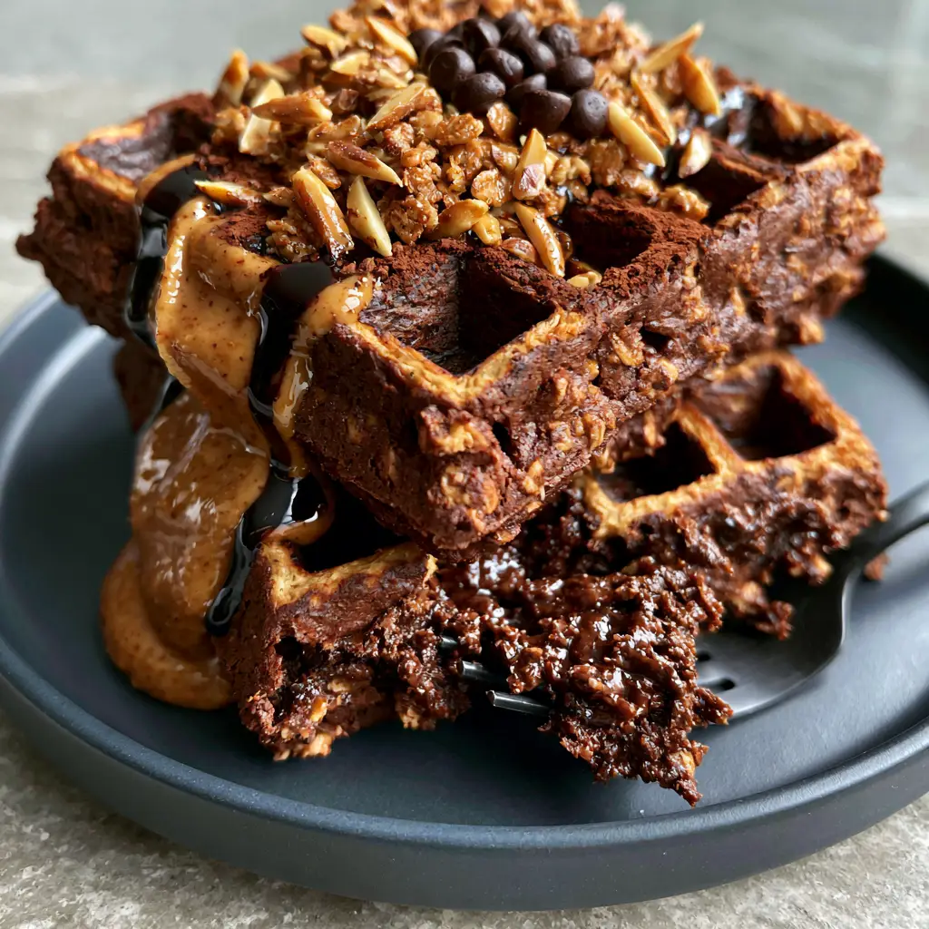 Chocolate Almond Oat Waffles: The Ultimate Crispy and Fudgy Breakfast 2 Close-up of chocolate almond oat waffles showing the brownie-like texture and toasted almond toppings.