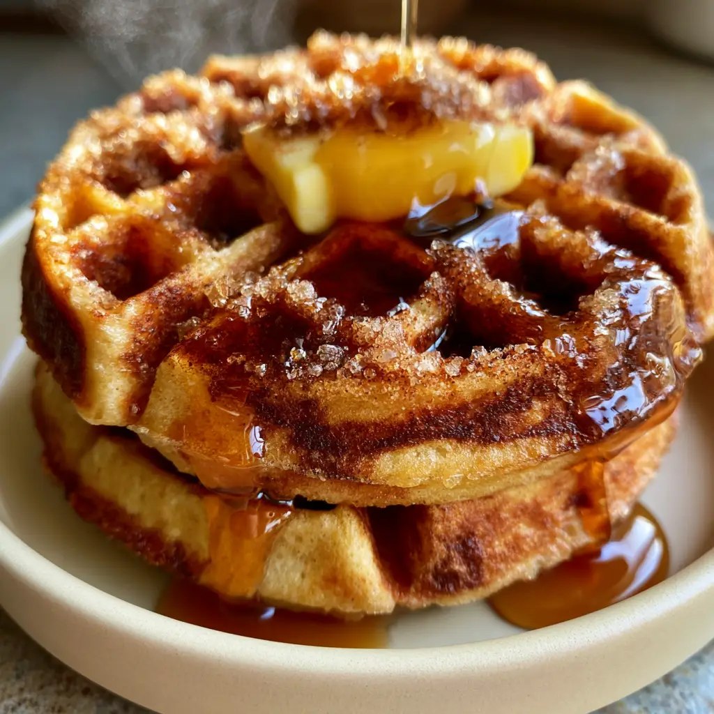Cinnamon Brown Sugar Waffles with a Deep Caramelized Swirl 1 Authentic handheld photo of cinnamon brown sugar waffles with steam rising and coarse sugar crystals.