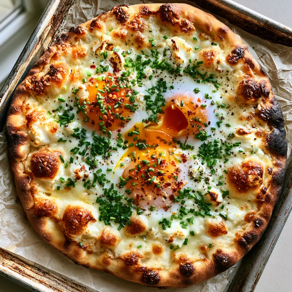Breakfast Flatbread with Jammy Eggs and Bubbly Mozzarella 1 Close-up of a broken egg yolk oozing over melted feta and mozzarella on a breakfast flatbread.