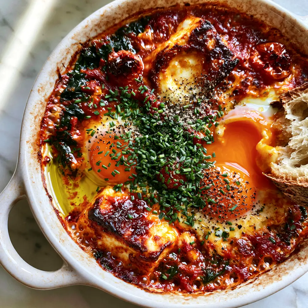 Mediterranean Baked Feta Eggs: A One-Pan Brunch Masterpiece 1 Sourdough bread dipping into a runny orange egg yolk in a dish of Mediterranean Baked Feta Eggs.