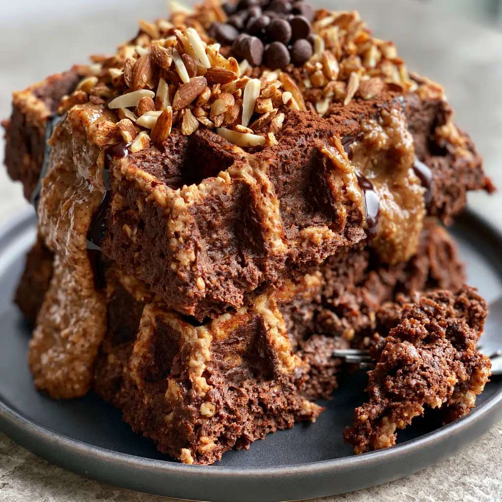 Chocolate Almond Oat Waffles: The Ultimate Crispy and Fudgy Breakfast 1 Smartphone photo of chocolate almond oat waffles with chocolate syrup and cocoa powder dusting.
