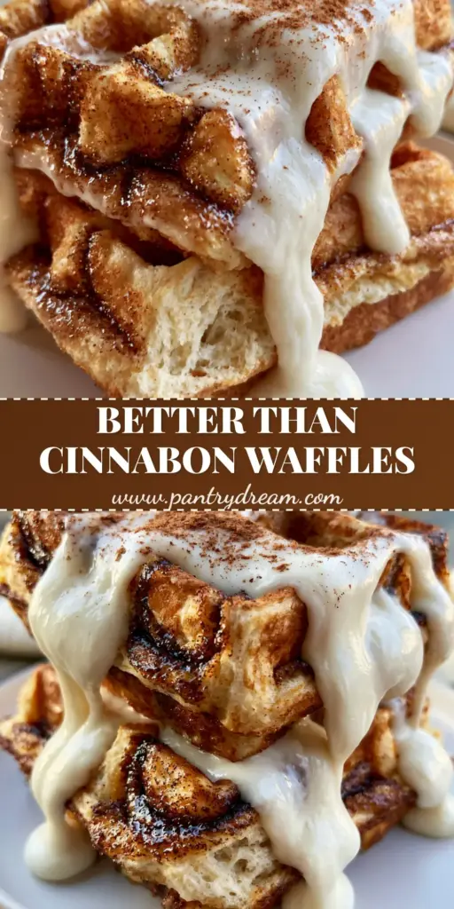 Cinnamon Waffles with a Velvet Cream Cheese Glaze 4 A close-up stack of two thick cinnamon waffles with dark sugar swirls and a thick white cream cheese glaze pour. (cinnamon waffles)