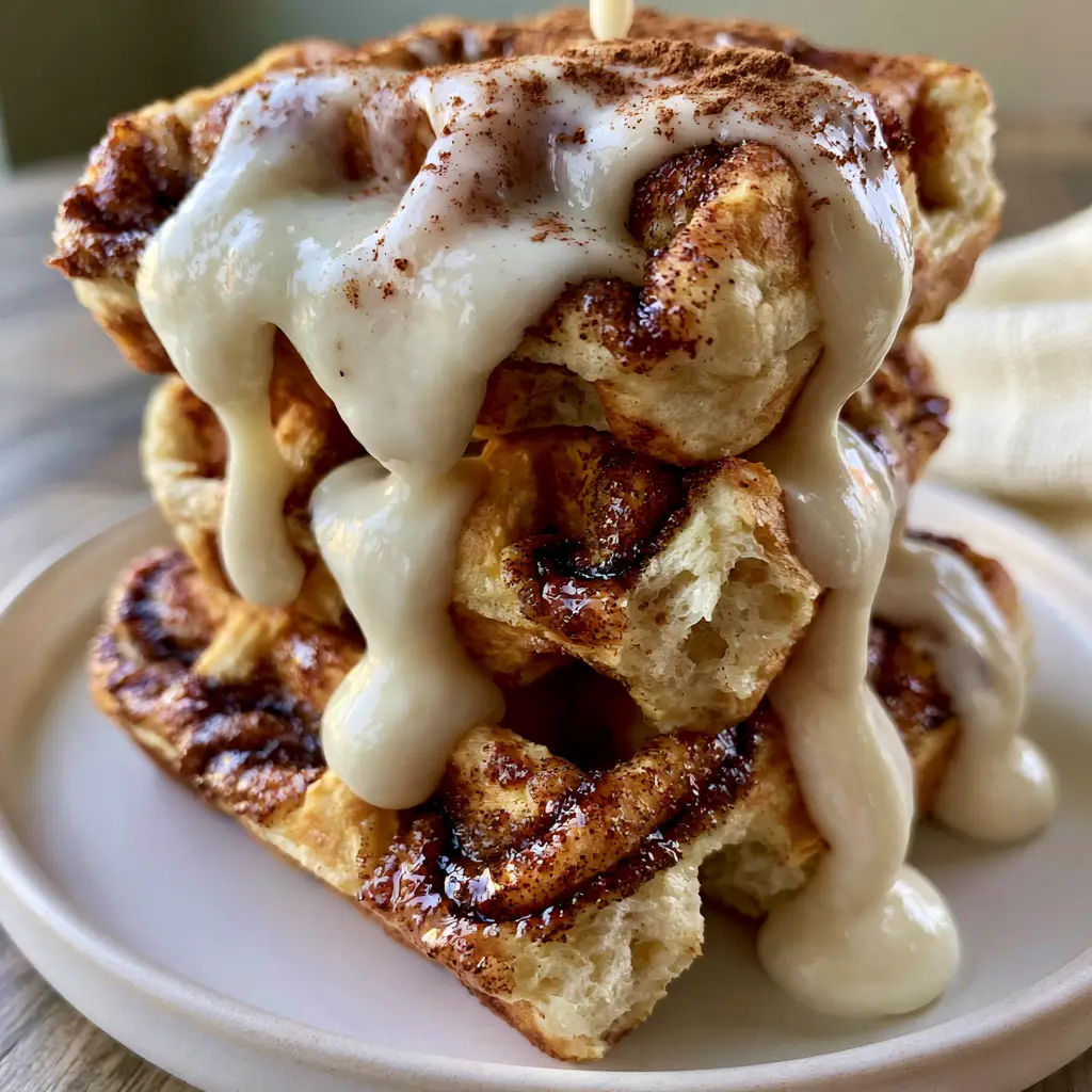 Cinnamon Waffles with a Velvet Cream Cheese Glaze 2 Handheld photo of golden-brown Belgian cinnamon waffles on a white plate with visible cinnamon swirls. (cinnamon waffles)