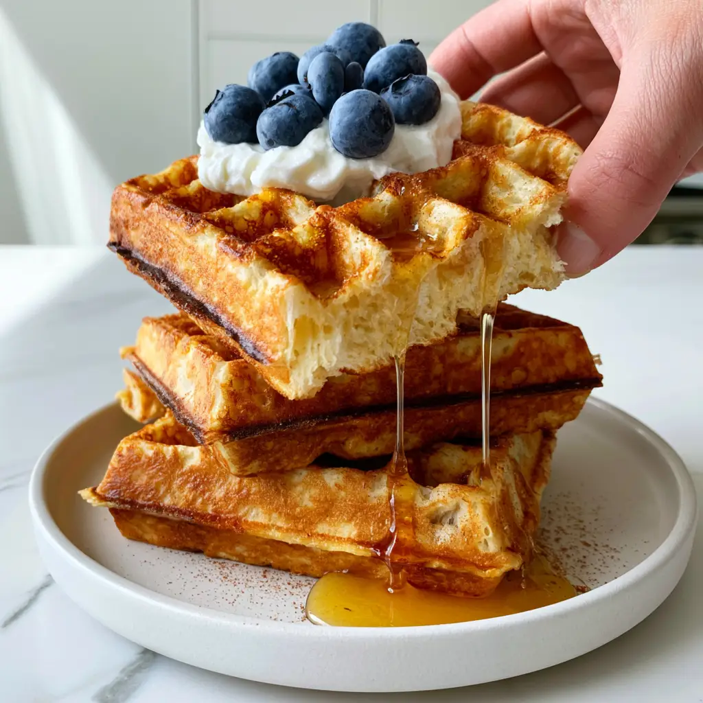 Greek Yogurt Waffles: The Ultimate Crispy and Airy Belgian Recipe 2 A hand pulling apart a thick Belgian waffle to reveal a steaming, airy interior crumb with visible air pockets. (Greek Yogurt Waffles)