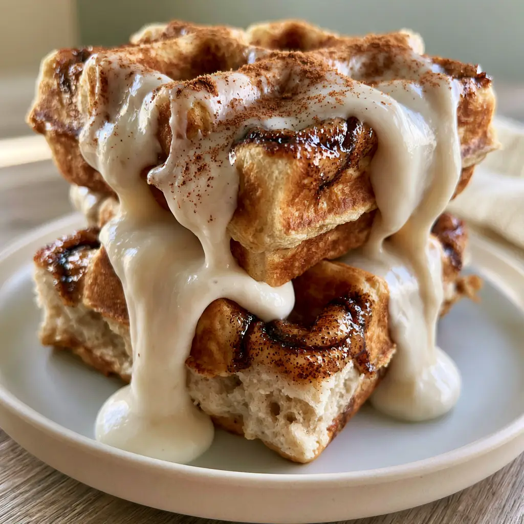 Cinnamon Waffles with a Velvet Cream Cheese Glaze 1 Extreme close-up of velvet cream cheese glaze dripping down the side of a cinnamon waffle. (cinnamon waffles)