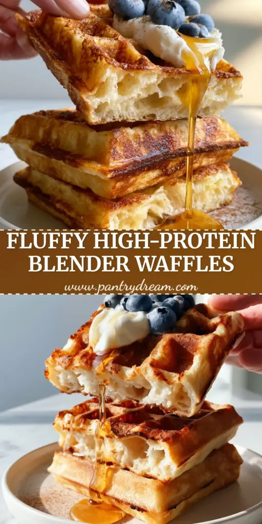 Greek Yogurt Waffles: The Ultimate Crispy and Airy Belgian Recipe 3 A towering stack of three Greek Yogurt Waffles topped with a dollop of yogurt, blueberries, and maple syrup on a marble counter. (Greek Yogurt Waffles)