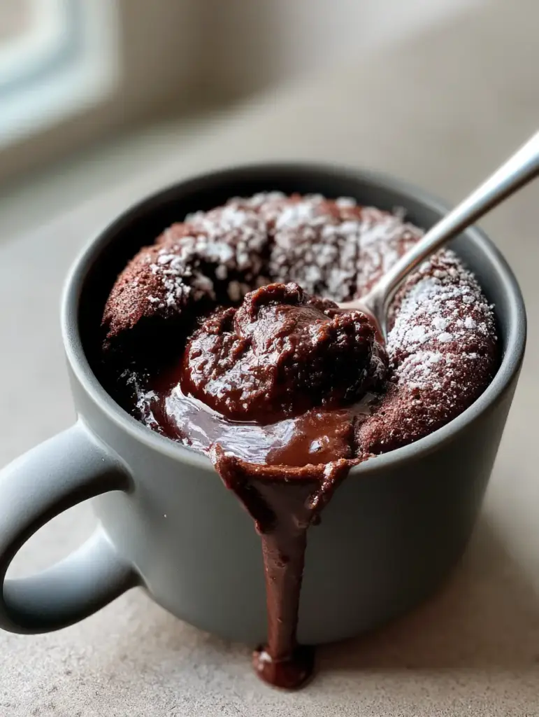 Molten Lava Mug Cake: The Ultimate 2-Minute Gourmet Chocolate Fix 2 A warm chocolate molten lava mug cake dusted with powdered sugar on a neutral concrete table. (molten lava mug cake)