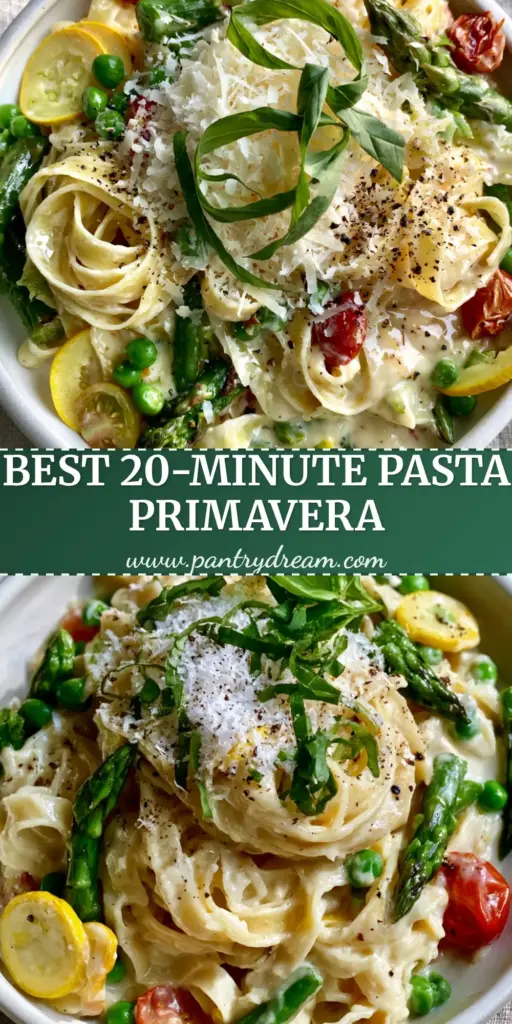Pasta Primavera with Silky Parmesan Cream and Garden Vegetables 4 A shallow white bowl of creamy pasta primavera with fettuccine, green asparagus, and yellow squash on a linen napkin.