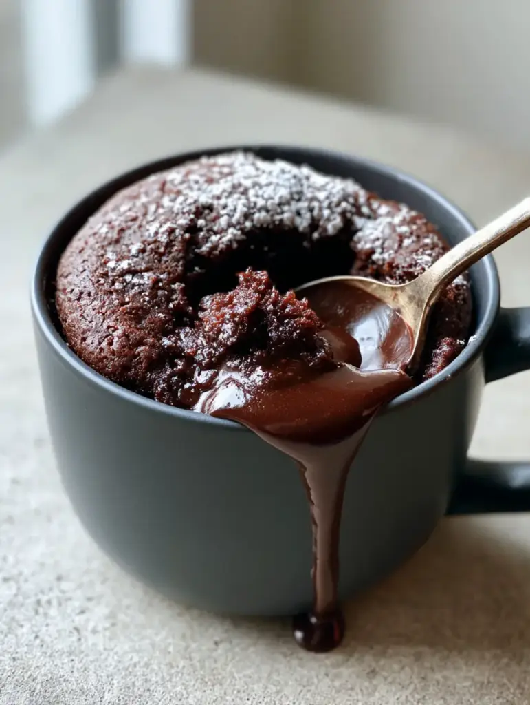 Molten Lava Mug Cake: The Ultimate 2-Minute Gourmet Chocolate Fix 1 A close-up of a scooped molten lava mug cake showing the liquid chocolate core flowing down the side.